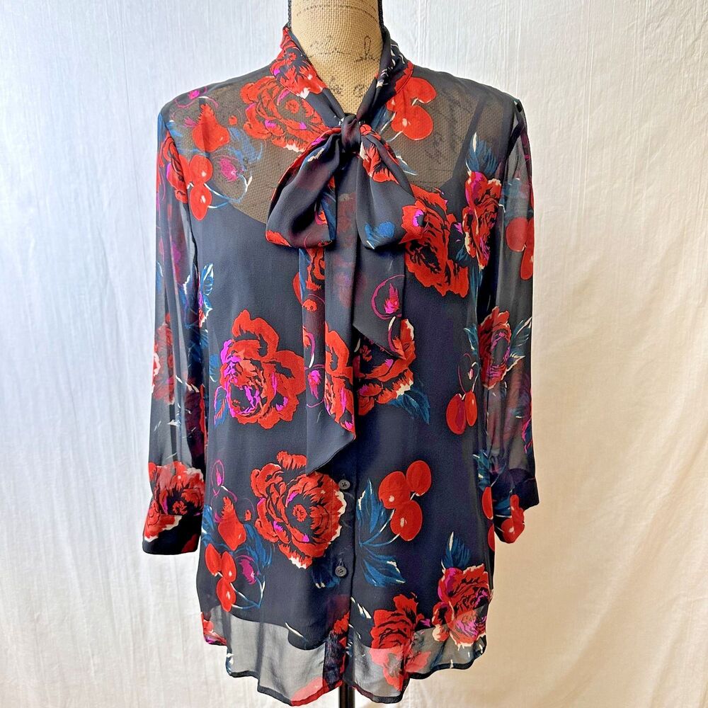 DKNY Black Red Floral Neck Bow Tie 3/4 Sleeve Semi-Sheer Blouse w/Camisole Sz M - Picture 1 of 16